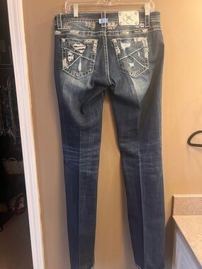 Miss Me Signature Boot Jeans Size 30 Dark Wash Rhinestone Distressed JP8788B